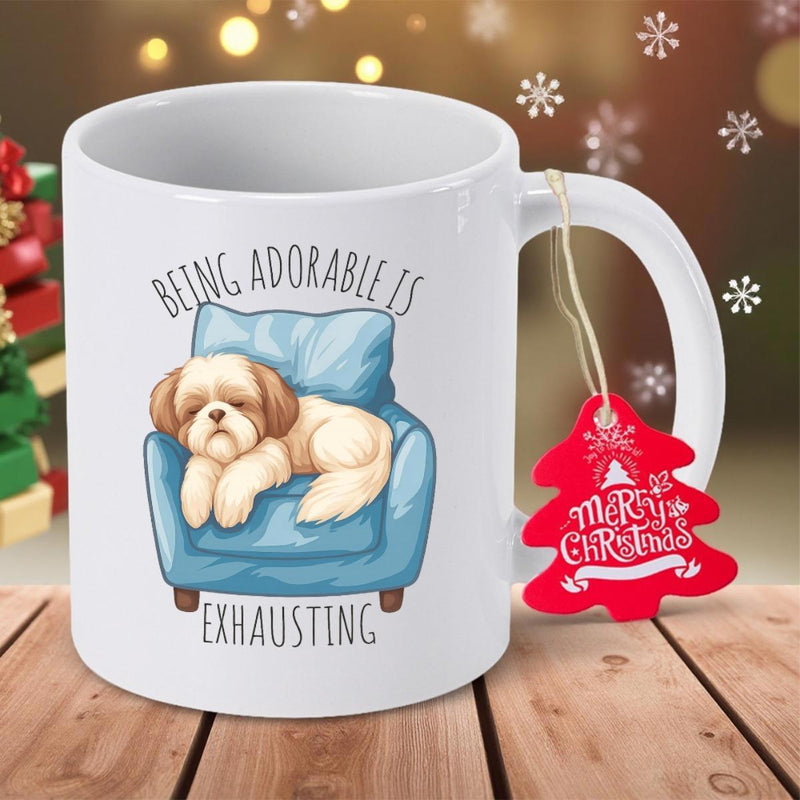 Tailorly White Ceramic 11 oz Mug - Being Adorable Is Exhausting Cute Fluffy Puppy Resting Peacefully On A Comfy Blue Armchair Dog