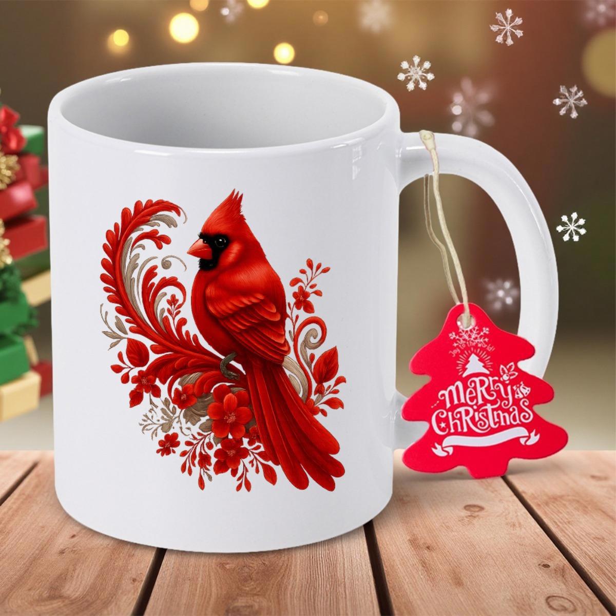 Tailorly White Ceramic 11 oz Mug - Merry Christmas Elegant Red Songbird Perched On Artistic Swirls And Winter Berries Cardinal