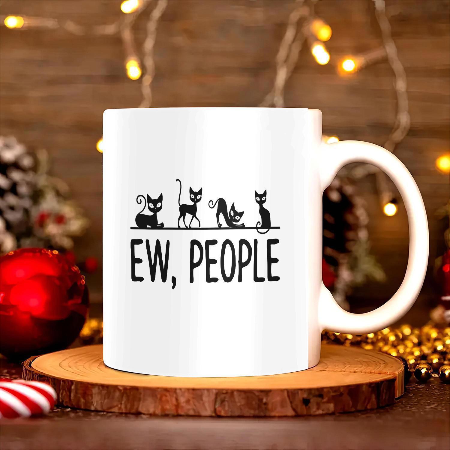 Tailorly White Ceramic 11 oz Mug - Ew People Four Playful Black Cat Silhouettes Standing On A Thin Horizontal Line Cats