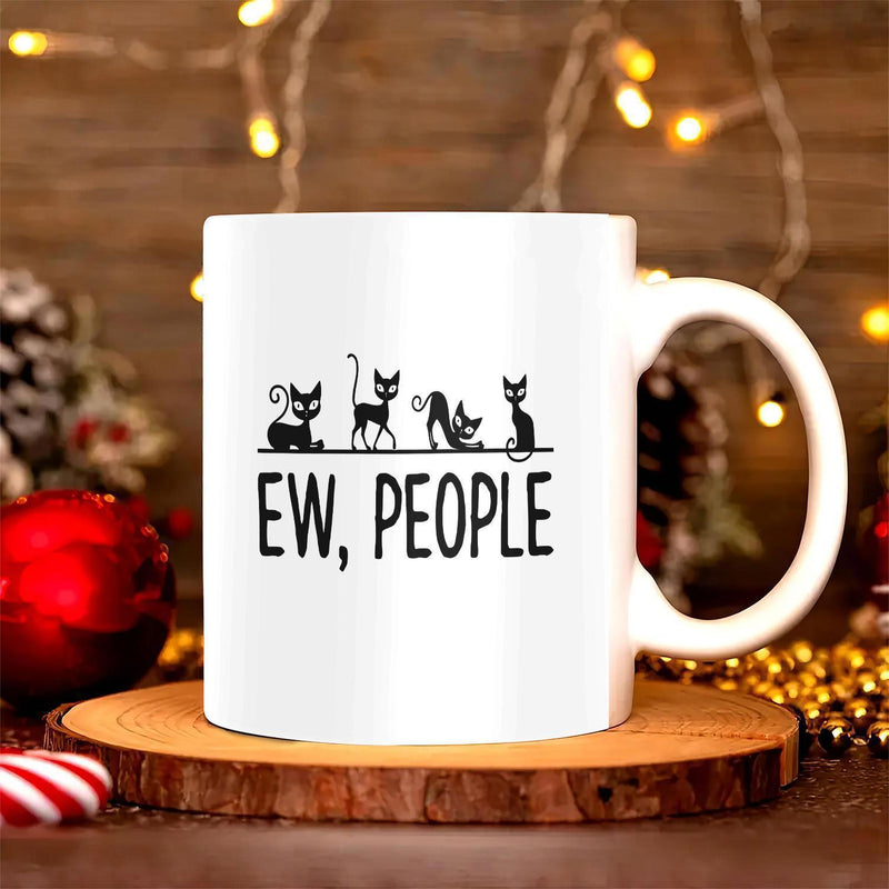 Tailorly White Ceramic 11 oz Mug - Ew People Four Playful Black Cat Silhouettes Standing On A Thin Horizontal Line Cats