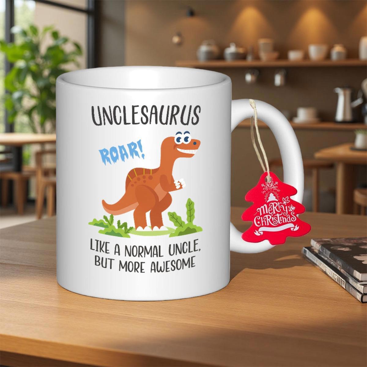 Tailorly White Ceramic 11 oz Mug - Unclesaurus Roar Like A Normal Uncle But More Awesome Friendly Orange Cartoon T Rex Standing On Green Grass Dinosaur