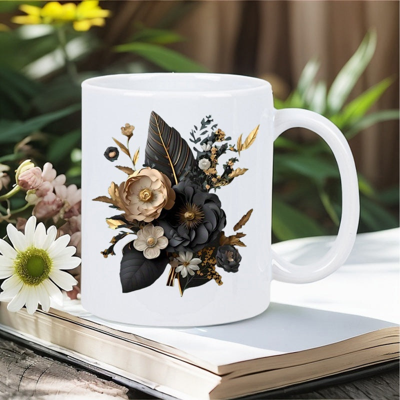Tailorly White Ceramic 11 oz Mug - Elegant Vintage Black And Gold Floral Arrangement With Delicate Botanical Leaves Flower