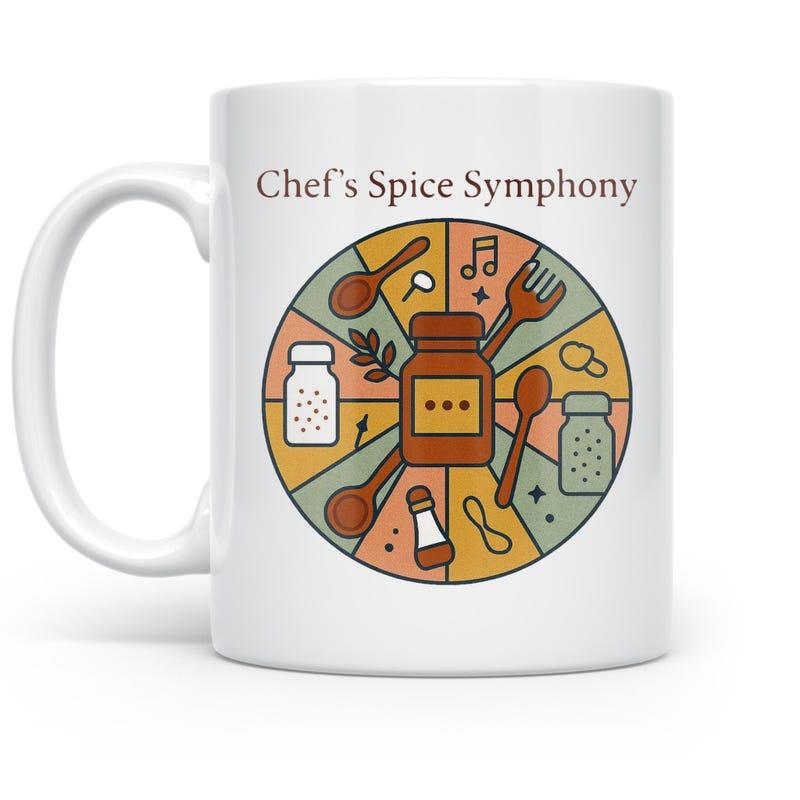 Tailorly White Ceramic 11 oz Mug - Chef's Spice Symphony Artistic Circular Diagram Featuring Various Condiments And Spices Elegant Kitchenware