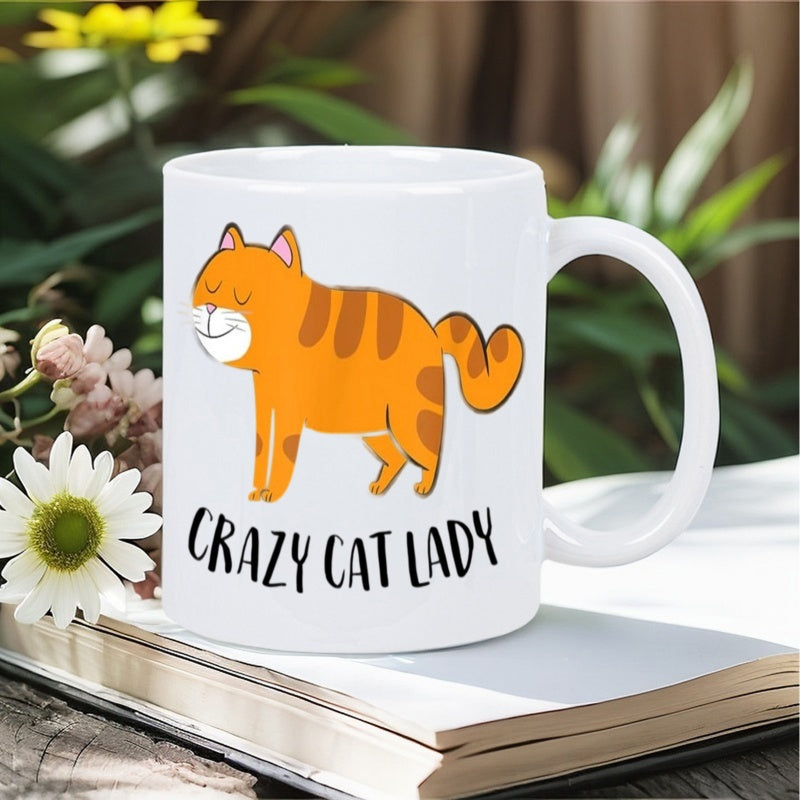 Tailorly White Ceramic 11 oz Mug - Crazy Cat Lady Whimsical Orange Tabby With Stripes Smiling Peacefully In Cartoon Style Cat