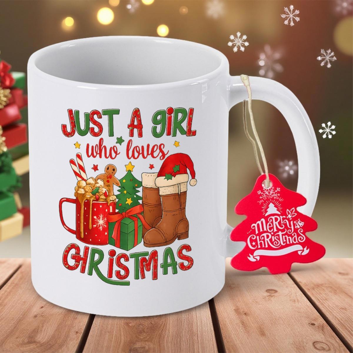Tailorly White Ceramic 11 oz Mug - Just A Girl Who Loves Christmas Festive Holiday Graphic Featuring Gingerbread Man And Decorated Tree Mug