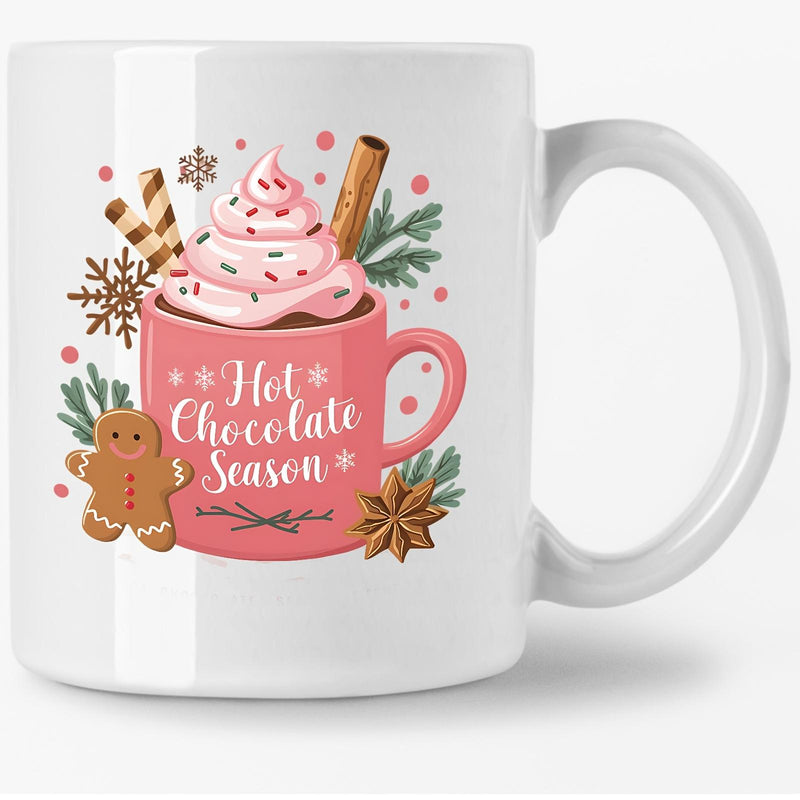Tailorly White Ceramic 11 oz Mug - Hot Chocolate Season Pink Ceramic Mug With Creamy Foam And Little Gingerbread Man Illustration