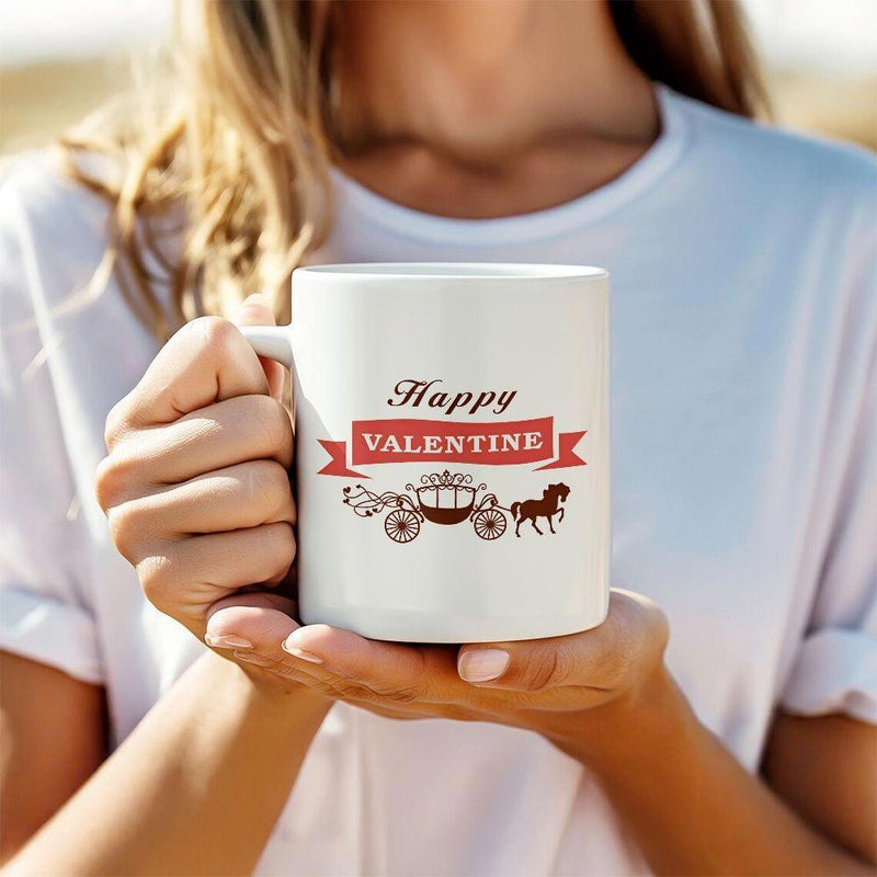Tailorly White Ceramic 11 oz Mug - Happy Valentine Ornate Vintage Carriage With Golden Accents And A Flowing Red Ribbon Carriage