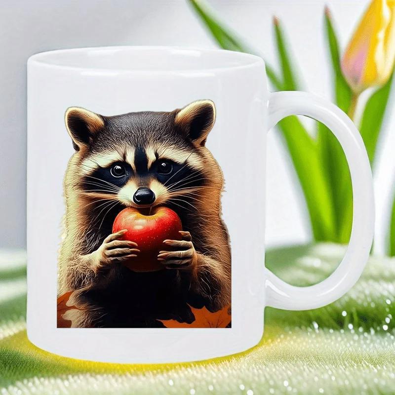 Tailorly White Ceramic 11 oz Mug - Furry Realistic Raccoon Holding A Shiny Red Apple With Small Paws Raccoon