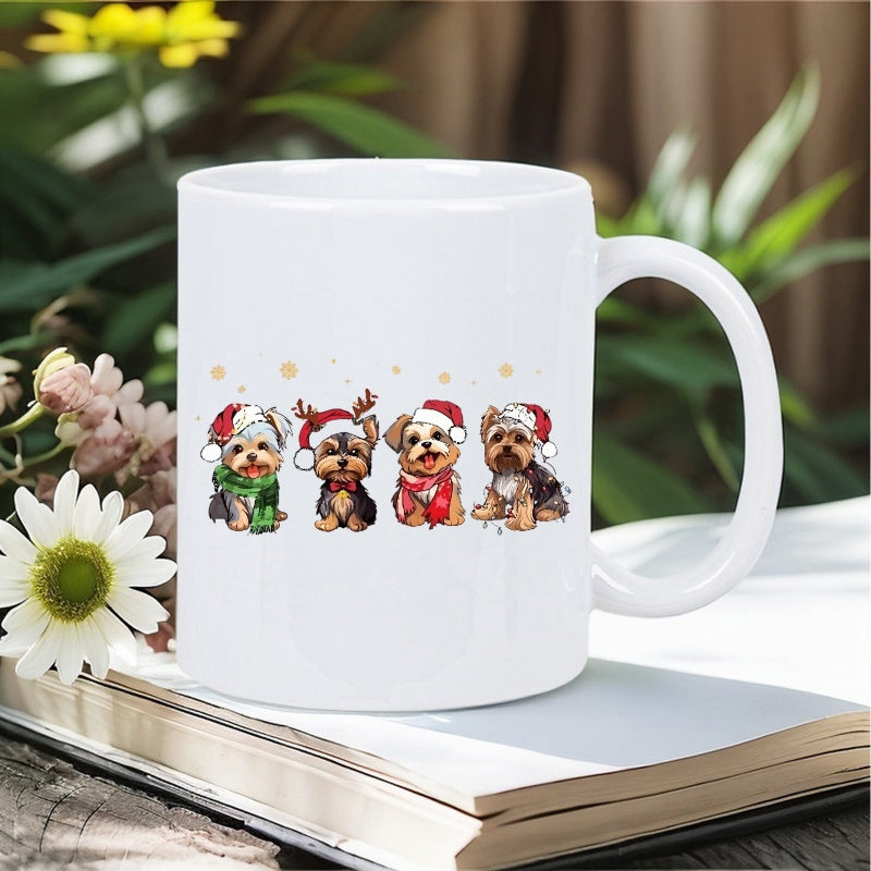 Tailorly White Ceramic 11 oz Mug - Adorable Festive Puppies Wearing Santa Hats Among Colorful Winter Scarves Puppy
