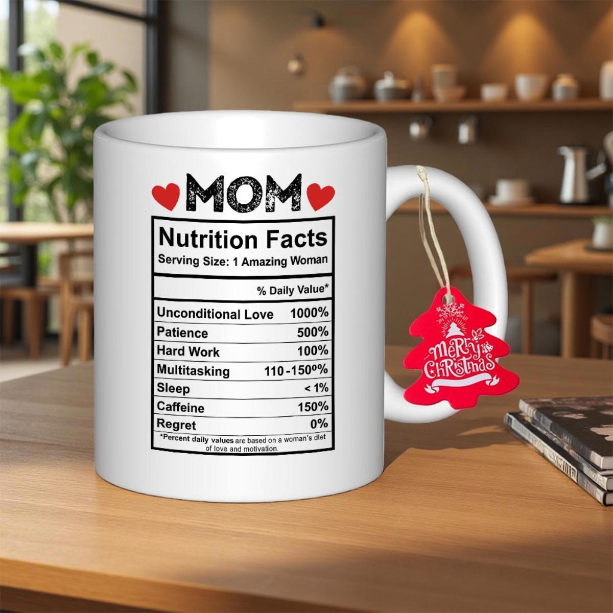 Tailorly White Ceramic 11 oz Mug - Mom Nutrition Facts Minimalist White Ceramic Featuring Red Hearts And Holiday Tag Mug