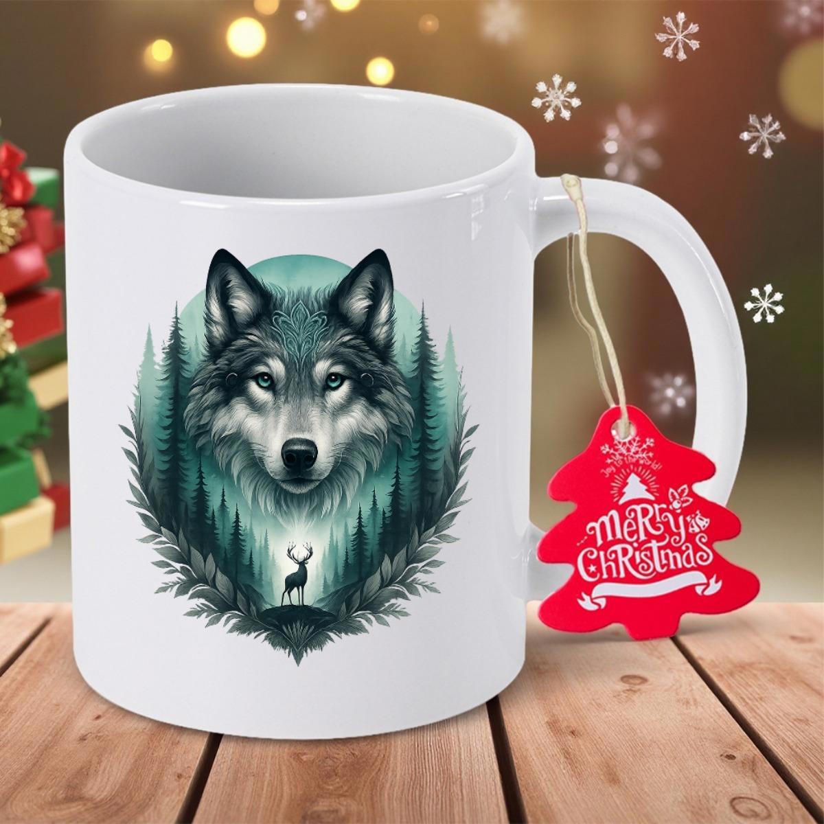 Tailorly White Ceramic 11 oz Mug - Merry Christmas Majestic Wilderness Wolf Head With Mysterious Forest And Small Deer Silhouette Wolf