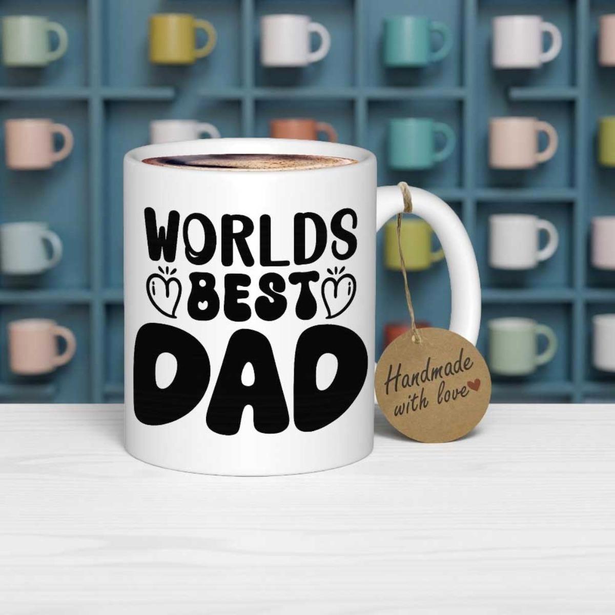 Tailorly White Ceramic 11 oz Mug - Worlds Best Dad Handmade With Love Bold Minimalist Typography Decorated With Simple Heart Icons On Pure
