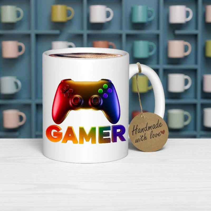 Tailorly White Ceramic 11 oz Mug - Gamer Vibrant Rainbow Gradient Video Game Joystick With Circular Buttons Controller