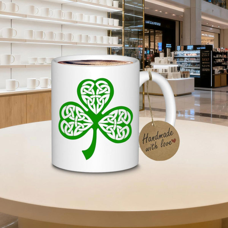 Tailorly White Ceramic 11 oz Mug - Handmade With Love Vibrant Green Celtic Knot Shamrock Design Symbolizing Luck And Heritage Shamrock