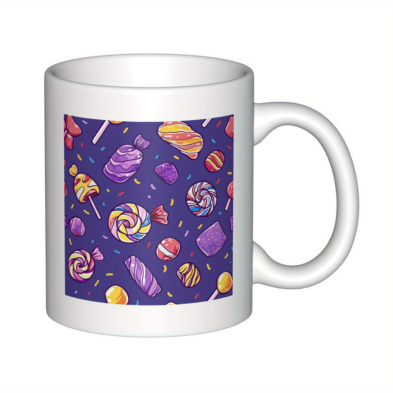 Tailorly White Ceramic 11 oz Mug - Colorful Assorted Sweets And Treats Scattering On A Deep Purple Background Candy