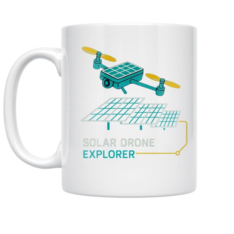 Tailorly White Ceramic 11 oz Mug - Solar Drone Explorer Modern Technology Device Hovering Over Clean Energy Panels Drone