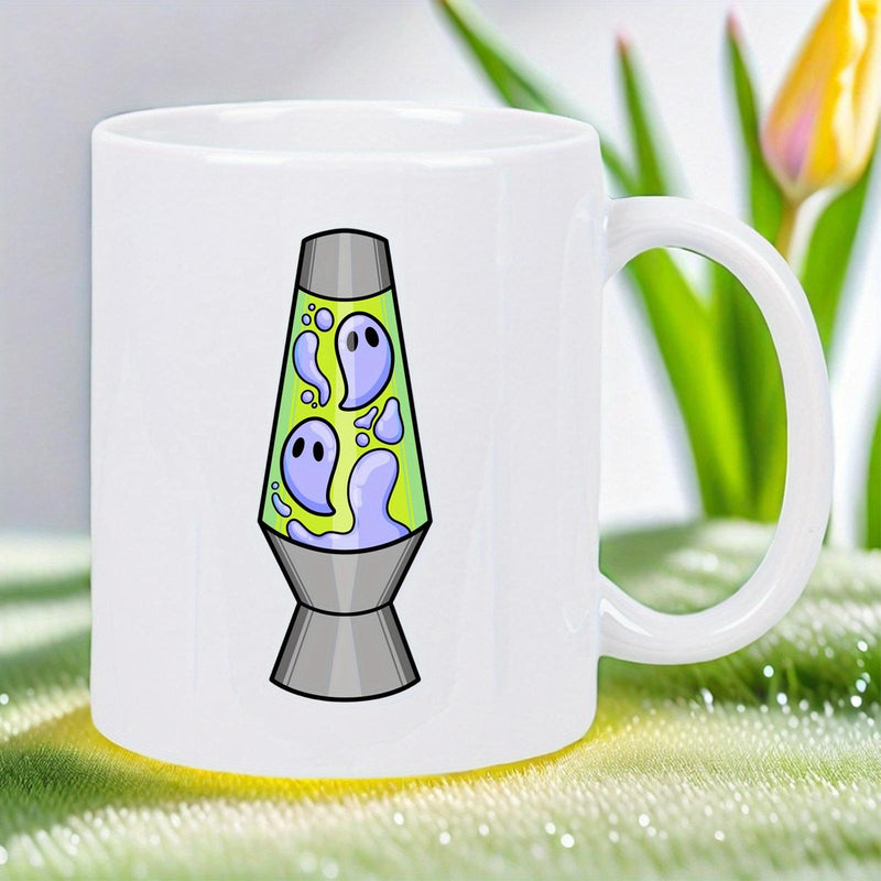 Tailorly White Ceramic 11 oz Mug - Whimsical Retro Style Glowing Green Liquid With Floating Purple Little Ghosts Lamp
