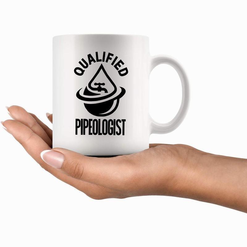 Tailorly White Ceramic 11 oz Mug - Qualified Pipeologist Minimalist Black Ink Drop Surrounding An Industrial Style Water Faucet