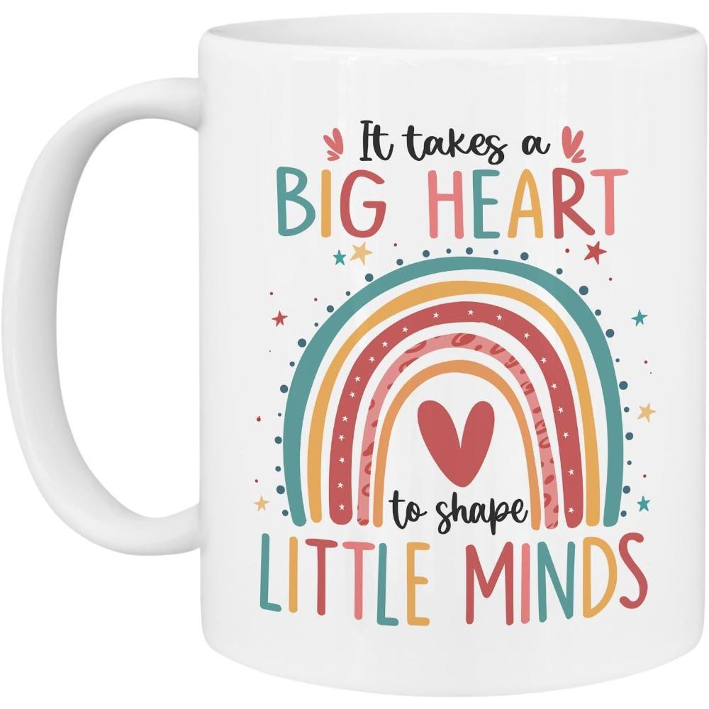Tailorly White Ceramic 11 oz Mug - It Takes A Big Heart To Shape Little Minds Soft Pastel Arched Lines Featuring Tiny Stars And Warm Center Heart Rainbow
