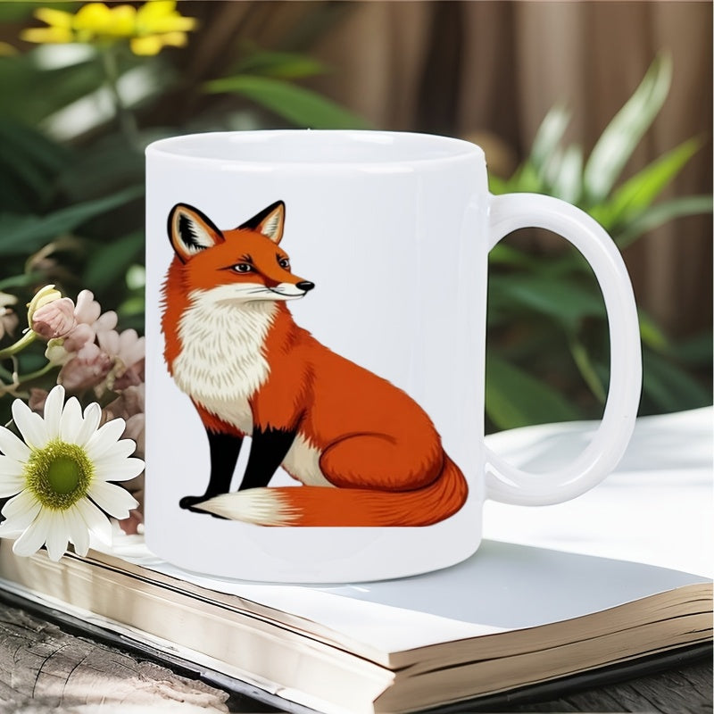 Tailorly White Ceramic 11 oz Mug - Vibrant Orange And White Fur Sitting Gracefully On Plain Background Fox