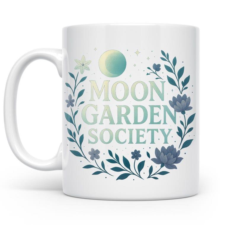 Tailorly White Ceramic 11 oz Mug - Moon Garden Society Lush Botanic Branches With Glowing Crescent Moon And Tiny Twinkling Stars Wreath