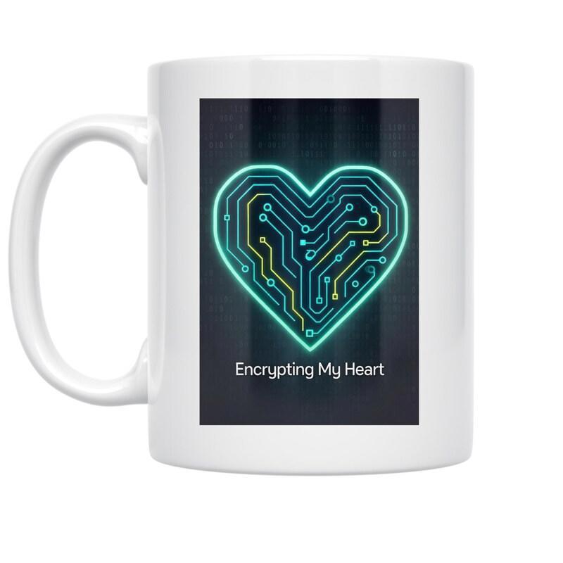 Tailorly White Ceramic 11 oz Mug - Encrypting My Heart Glowing Cyan Circuit Board Lines Forming A Digital High Tech Heart
