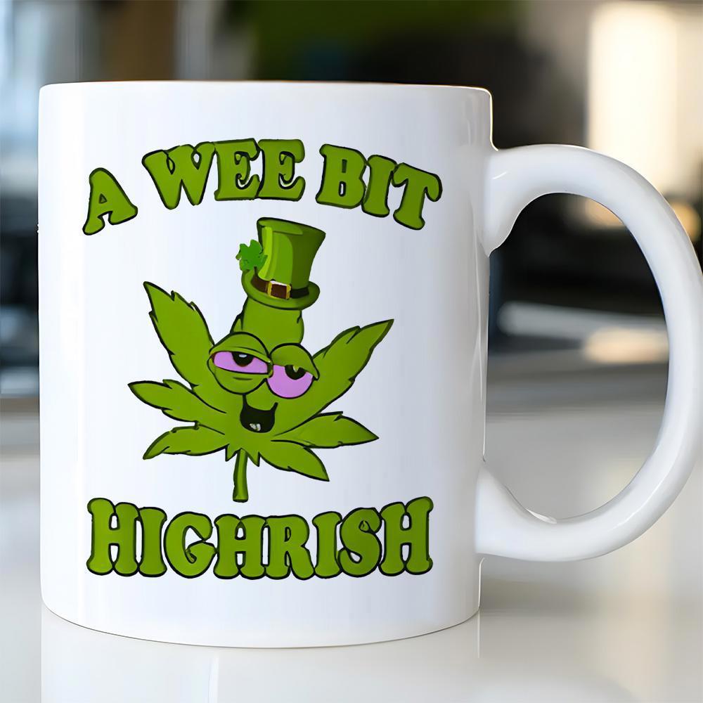 Tailorly White Ceramic 11 oz Mug - A Wee Bit Highrish Green Cannabis Leaf Wearing Leprechaun Hat With Friendly Cartoon Face Mug