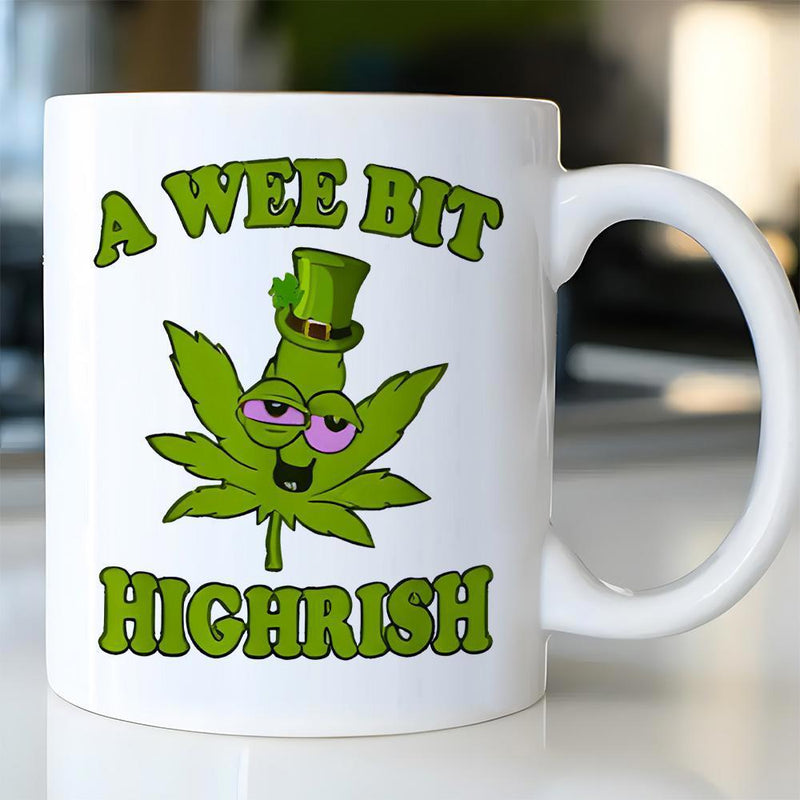 Tailorly White Ceramic 11 oz Mug - A Wee Bit Highrish Green Cannabis Leaf Wearing Leprechaun Hat With Friendly Cartoon Face Mug