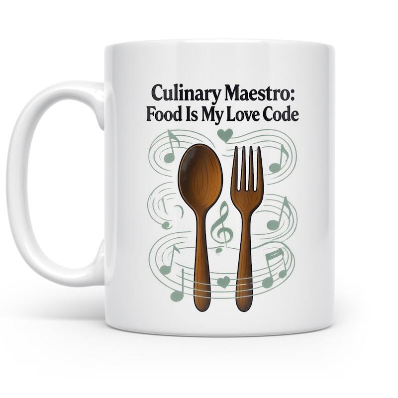 Tailorly White Ceramic 11 oz Mug - Culinary Maestro Food Is My Love Code Elegant Wooden Utensils Resting Among Floating Musical Notes And Decorative Hearts Cutlery