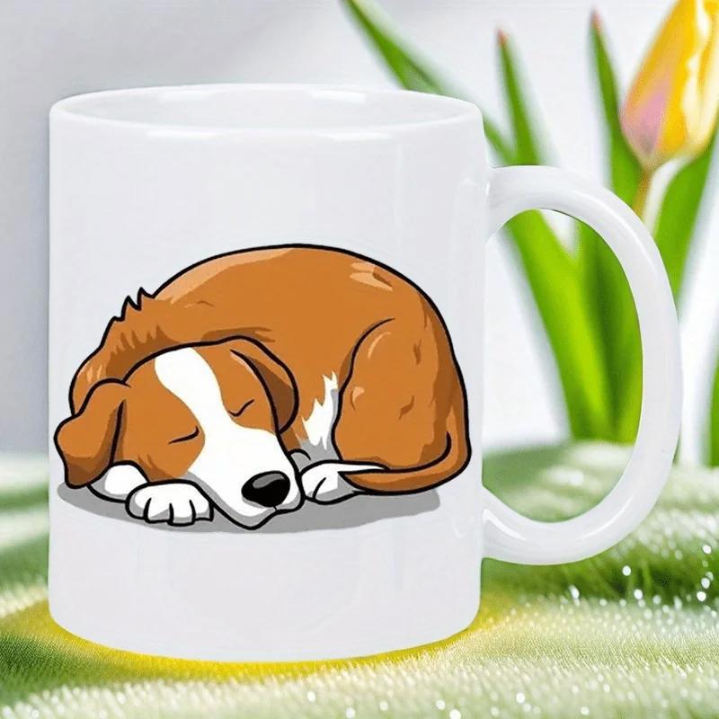 Tailorly White Ceramic 11 oz Mug - Adorable Cartoon Puppy Curled Up Peacefully Sleeping On A Soft Surface Dog