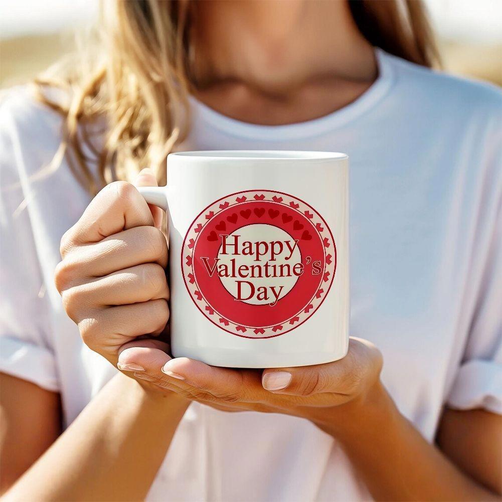 Tailorly White Ceramic 11 oz Mug - Happy Valentines Day Elegant Red Circular Pattern With Tiny Decorative Symbols Of Romance Heart
