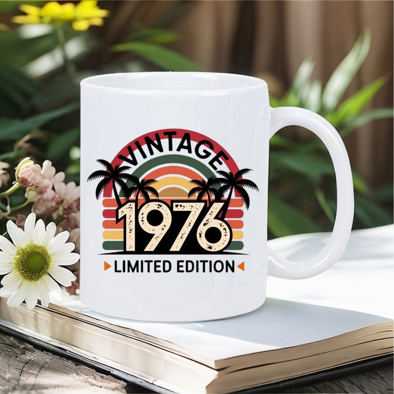 Tailorly White Ceramic 11 oz Mug - Vintage 1976 Limited Edition Retro Sunset With Palm Trees And Colorful Tropical Stripes Mug