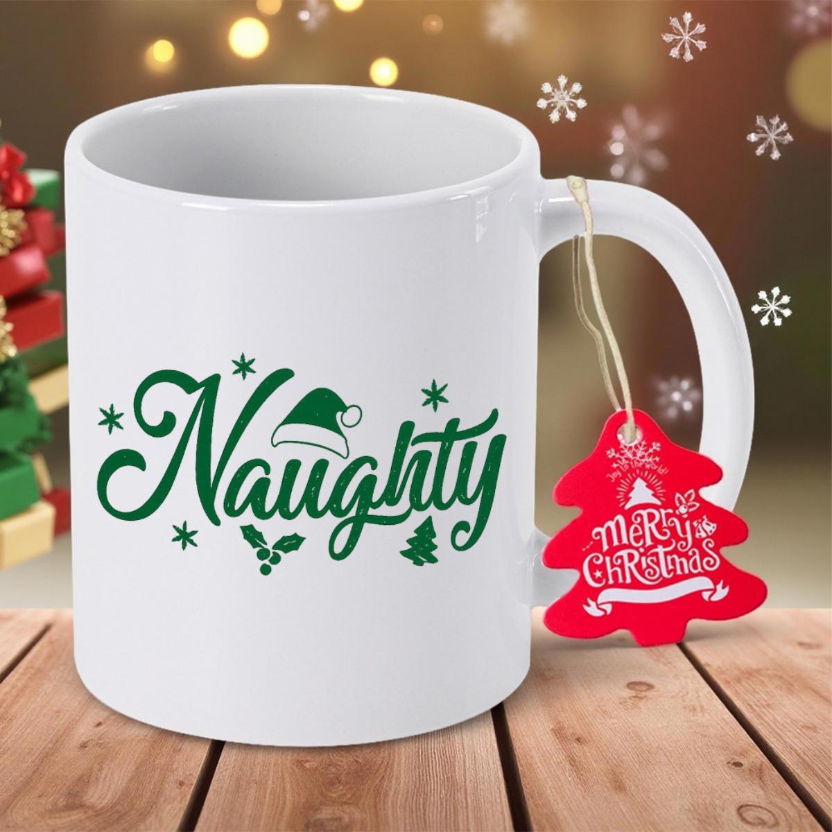 Tailorly White Ceramic 11 oz Mug - Naughty Merry Christmas Festive Green Script Adorned With Santa Hat And Winter Snowflakes Mug