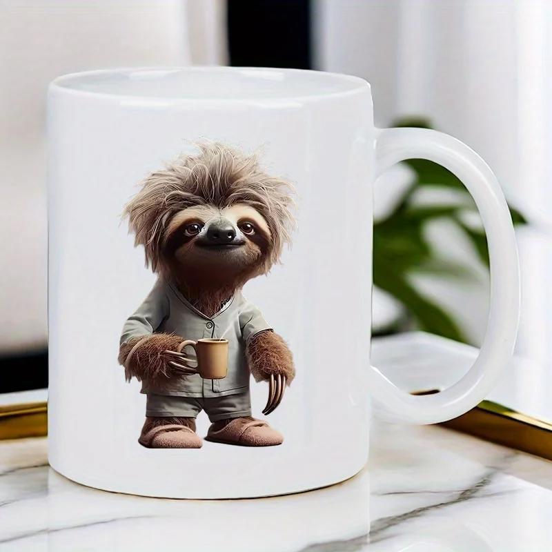 Tailorly White Ceramic 11 oz Mug - Cute Tired Sloth Wearing Soft Pajamas Holding A Warm Morning Coffee Sloth