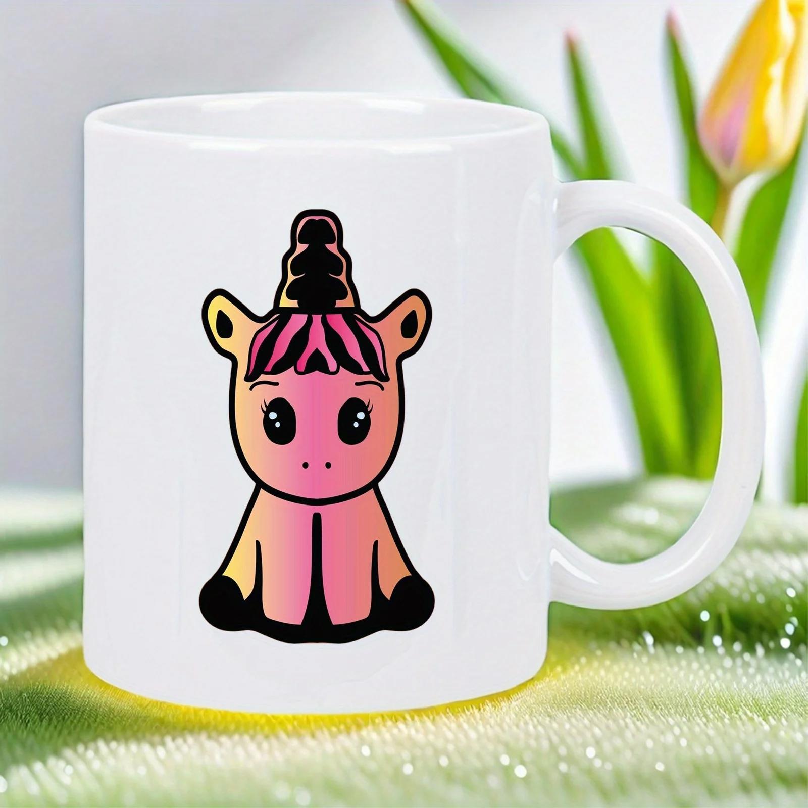 Tailorly White Ceramic 11 oz Mug - Charming Pink Gradient Cartoon Character Sitting With Magical Black Horn Unicorn