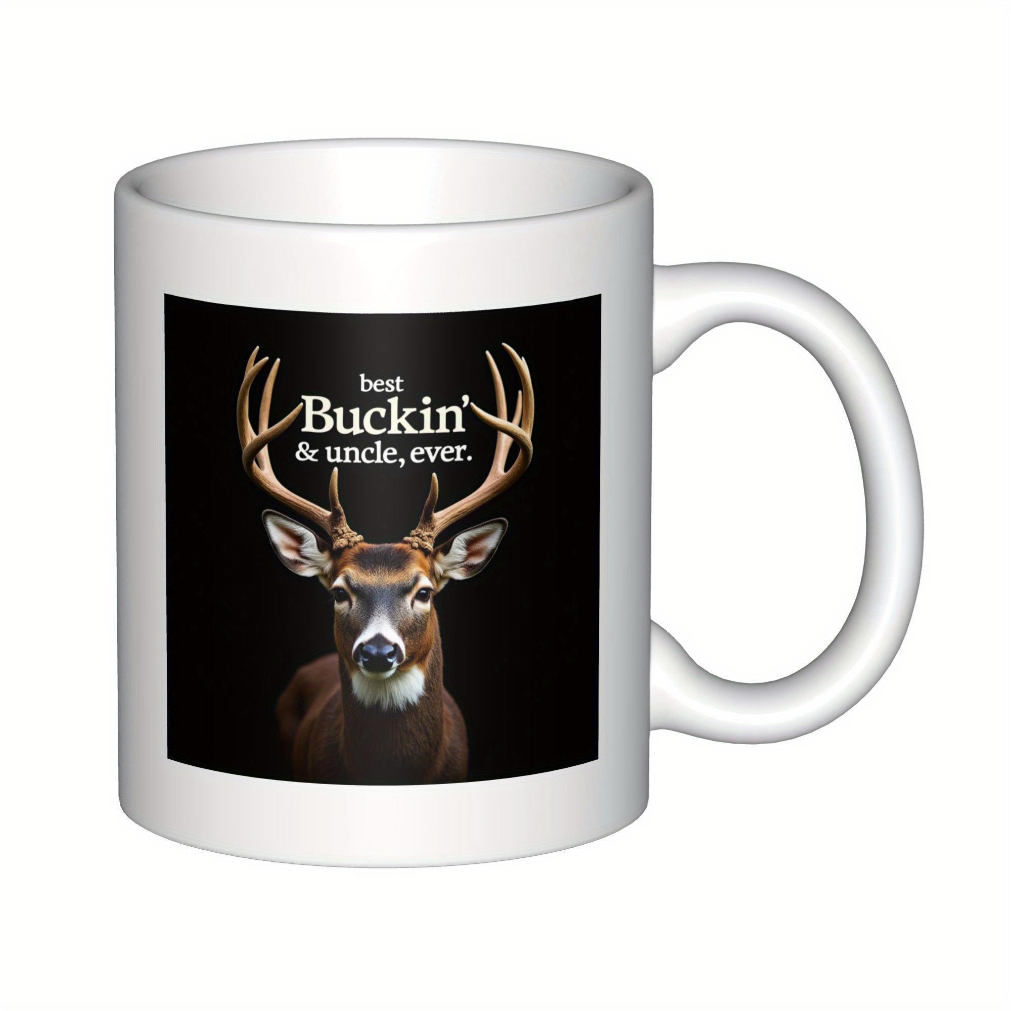 Tailorly White Ceramic 11 oz Mug - Best Buckin Uncle Ever Majestic Realistic Brown Stag Standing Against Deep Black Backdrop Deer