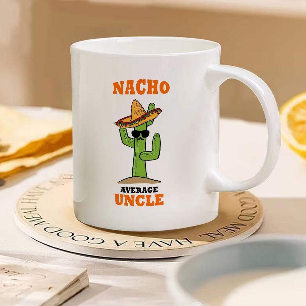 Tailorly White Ceramic 11 oz Mug - Nacho Average Uncle Cartoon Green Cactus Wearing Sombrero Hat And Sunglasses In Desert Cactus