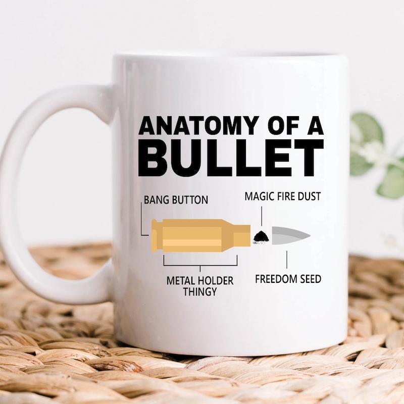 Tailorly White Ceramic 11 oz Mug - Anatomy Of A Bullet Bang Button Magic Fire Dust Metal Holder Thingy Freedom Seed Simple Schematic Illustration Depicting Gold