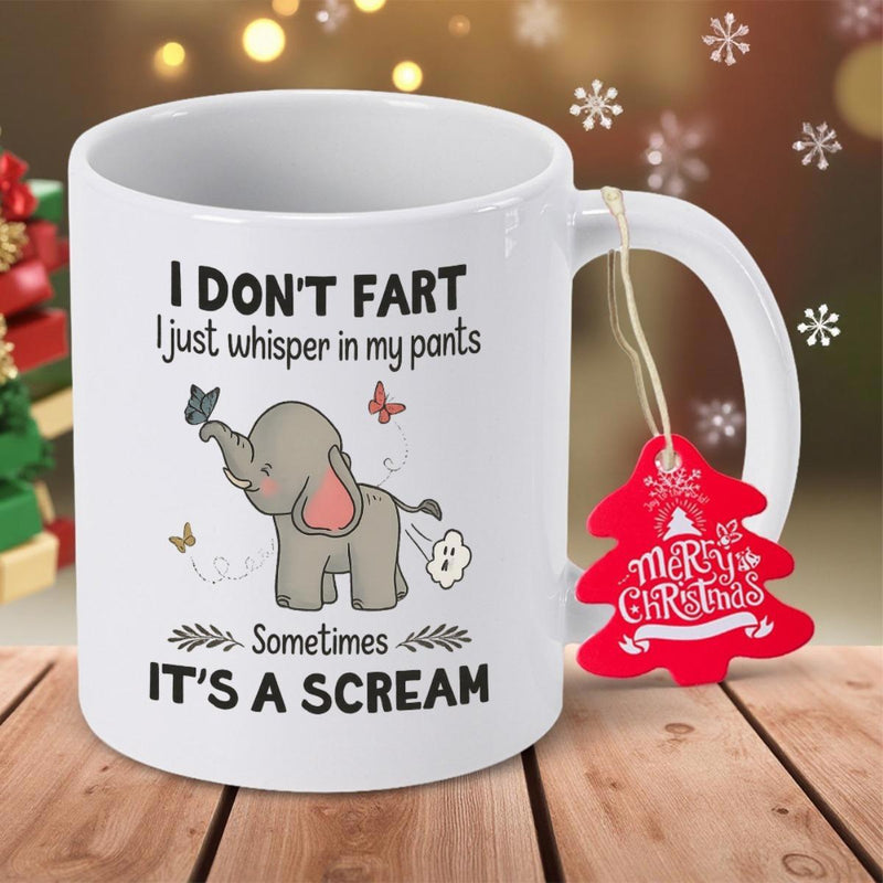 Tailorly White Ceramic 11 oz Mug - I Don't Fart I Just Whisper In My Pants Sometimes It's A Scream Adorable Little Gray Elephant Surrounded By Colorful Floating