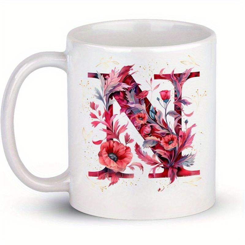 Tailorly White Ceramic 11 oz Mug - N Artistic Watercolor Red Poppies And Delicate Leaves Intertwining Within A Large Serif Letter N