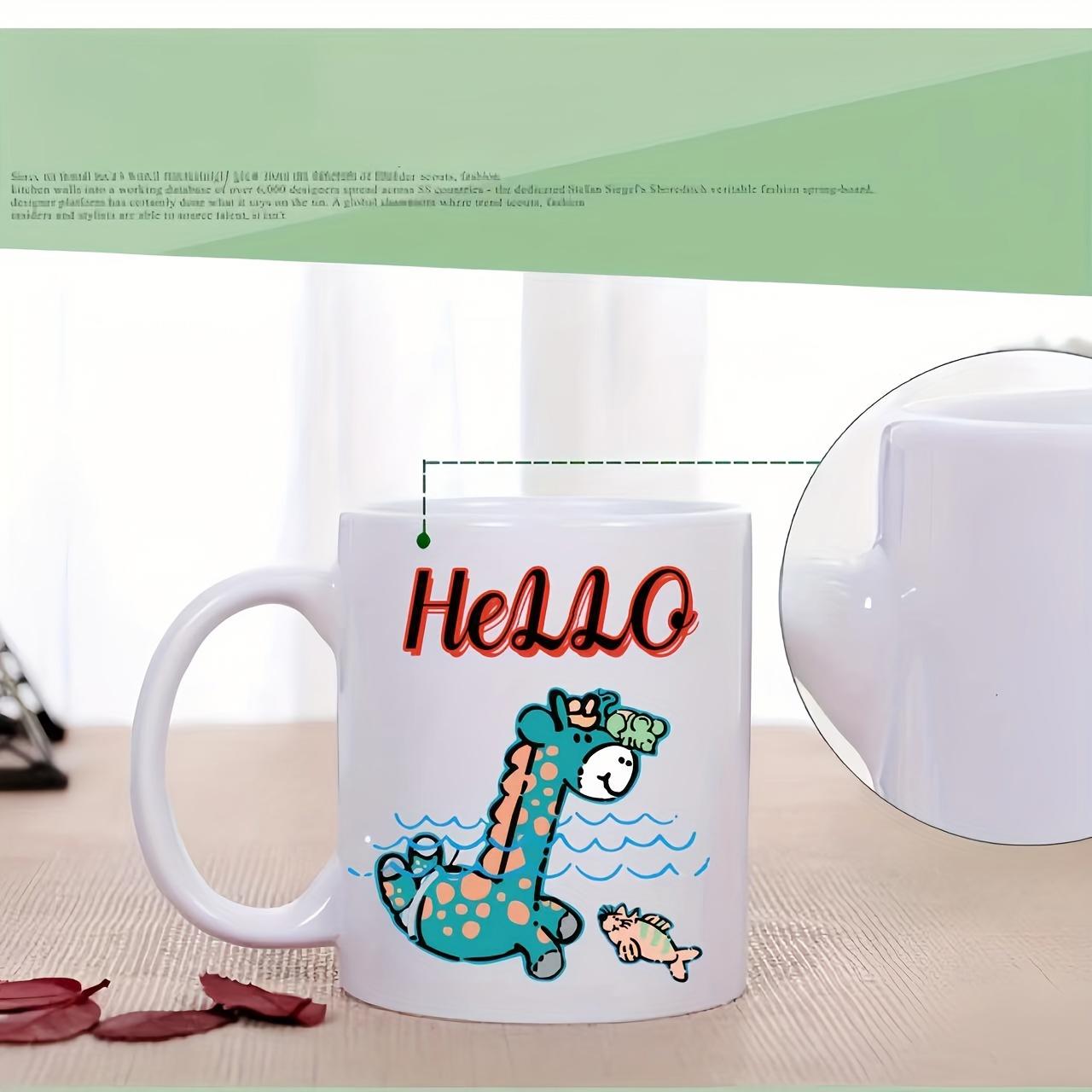 Tailorly White Ceramic 11 oz Mug - Hello Cute Teal Cartoon Animal Swimming In Gentle Blue Waves With Fish Giraffe