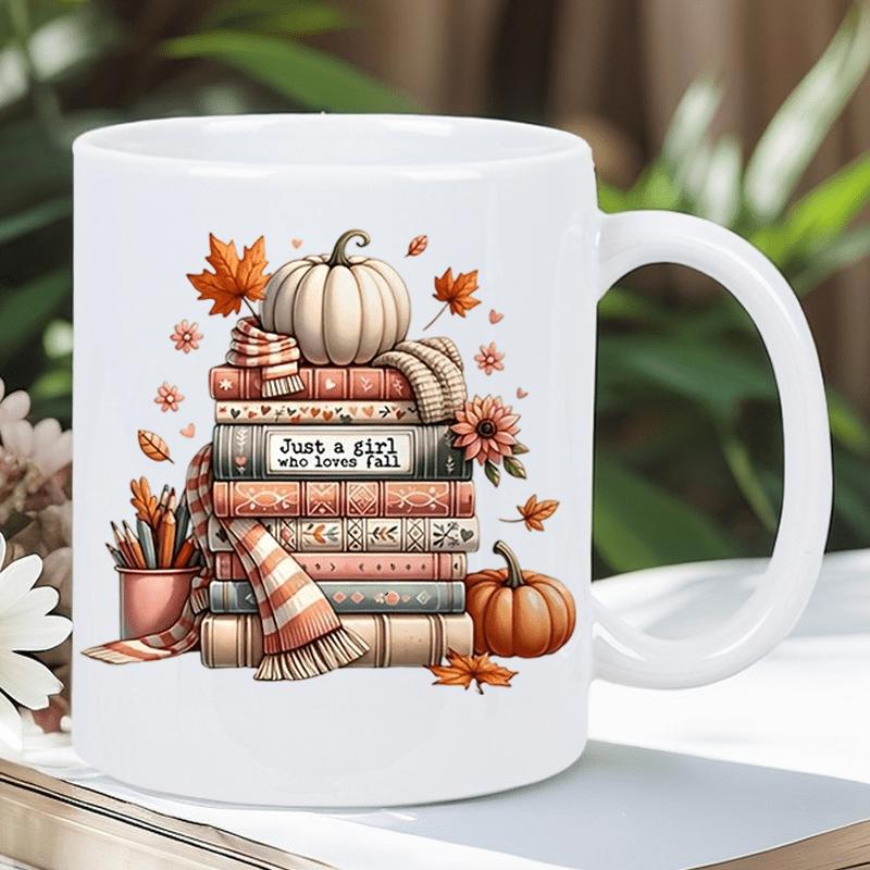 Tailorly White Ceramic 11 oz Mug - Just A Girl Who Loves Fall Cozy Autumn Scene With Pumpkins And Scarf On Stacked Vintage Book