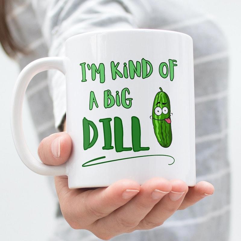 Tailorly White Ceramic 11 oz Mug - I'm Kind Of A Big Dill Cartoon Green Pickle With Funny Googly Eyes And Red Tongue Pickle