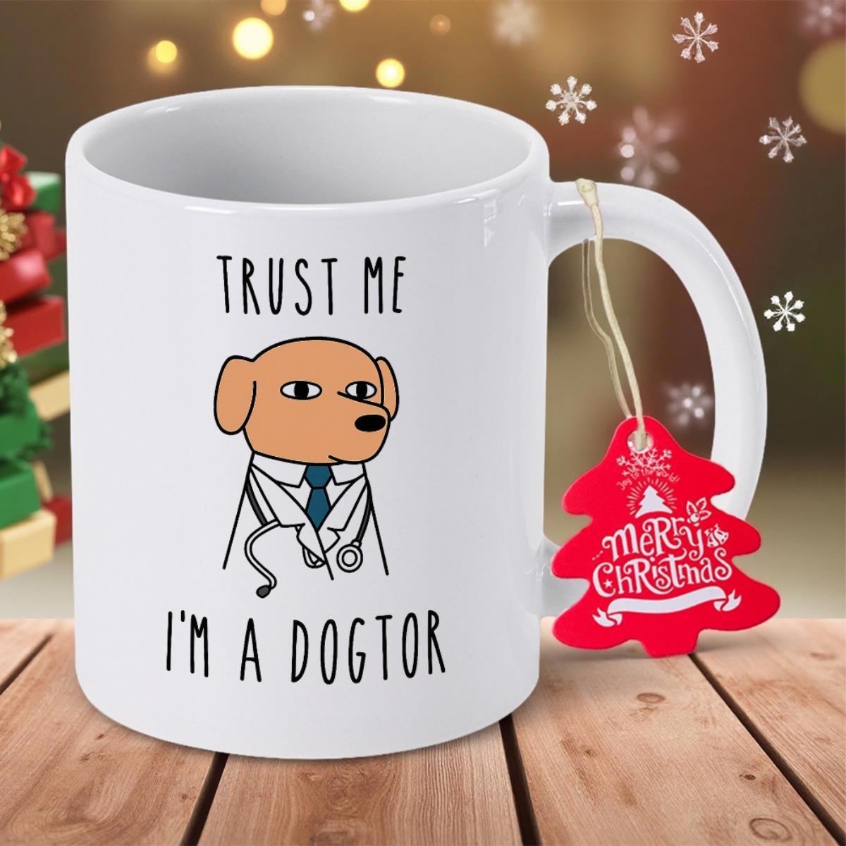 Tailorly White Ceramic 11 oz Mug - Trust Me Im A Dogtor Cartoon Brown Puppy Dressed In A Medical Lab Coat With Stethoscope Dog