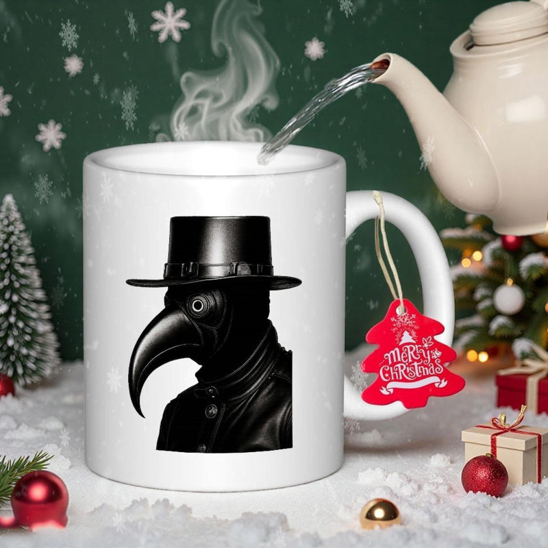Tailorly White Ceramic 11 oz Mug - Mysterious Historical Figure With Long Beaked Mask And Top Hat Plague Doctor