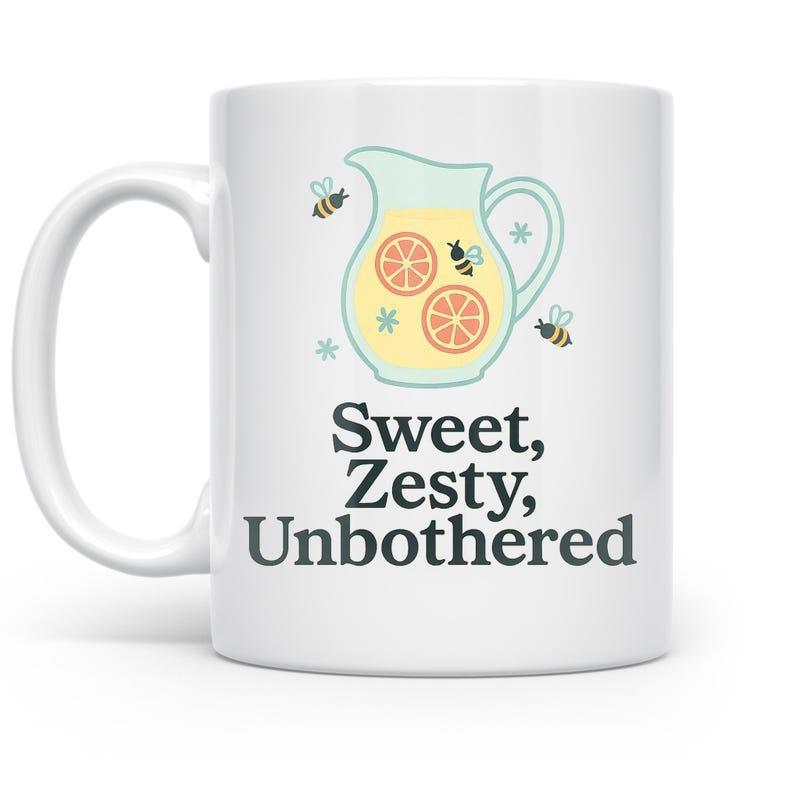 Tailorly White Ceramic 11 oz Mug - Sweet Zesty Unbothered Refreshing Yellow Lemonade Featuring Orange Slices Among Tiny Flying Bumble Pitcher