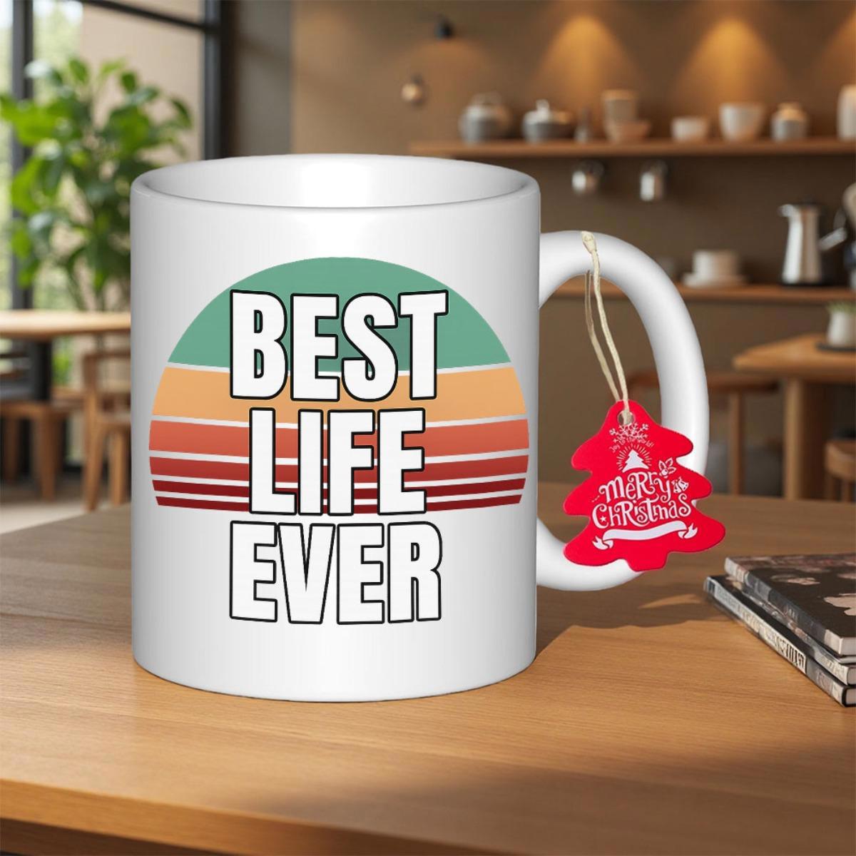 Tailorly White Ceramic 11 oz Mug - Best Life Ever Vintage Style Circular Retro Sunset Featuring Colorful Horizontal Stripes Mug
