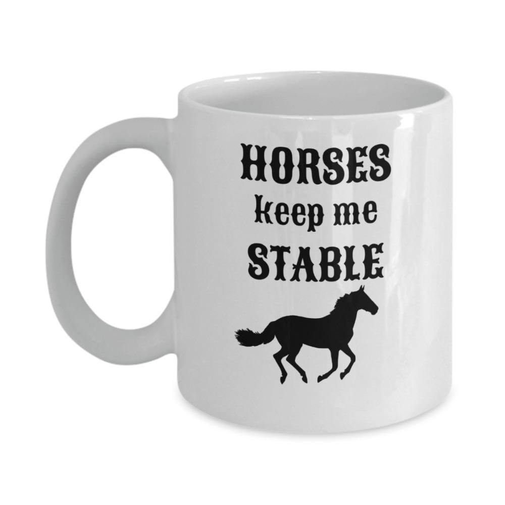 Tailorly White Ceramic 11 oz Mug - Horses Keep Me Stable Galloping Black Horse Silhouette Running Gracefully Across A Simple White Background Horse