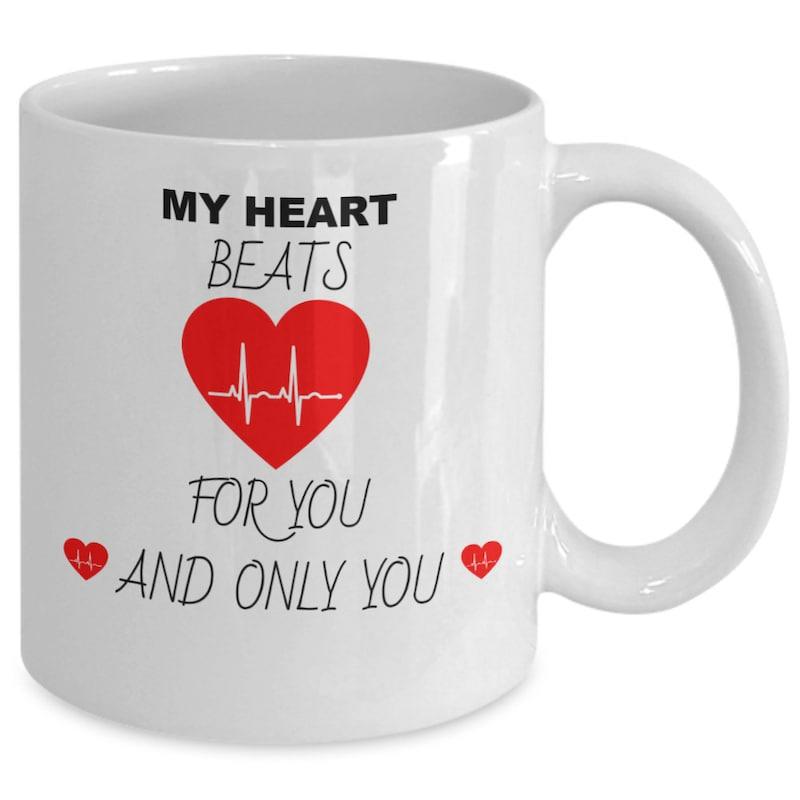 Tailorly White Ceramic 11 oz Mug - My Heart Beats For You And Only You Vibrant Red Heart With Pulse Line Among Miniature Symbols Heart