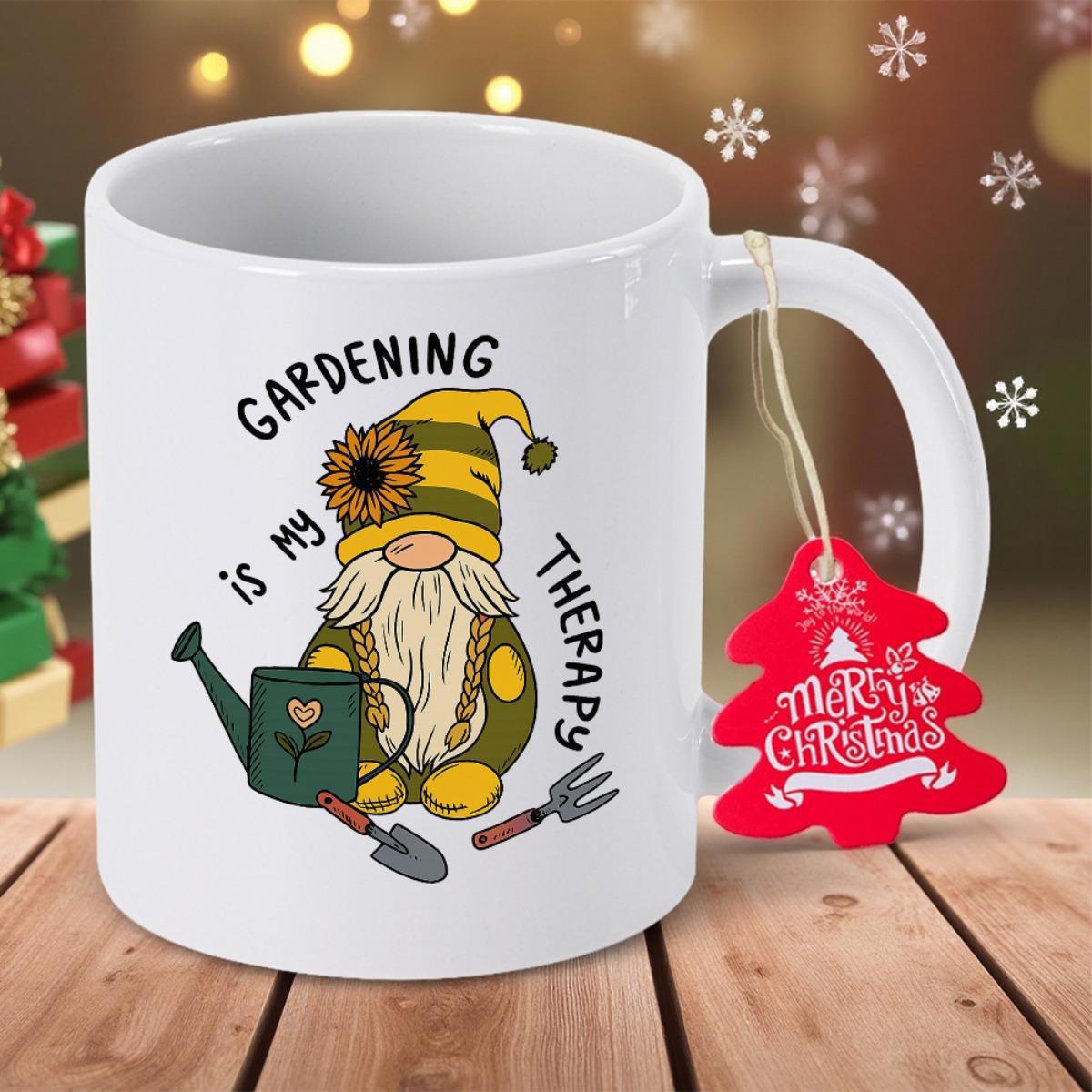 Tailorly White Ceramic 11 oz Mug - Gardening Is My Therapy Charming Gnome Holding Watering Can Among Hand Tools Gnome